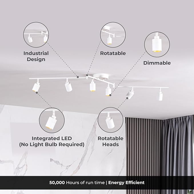 Shura White 6-Light Swivel Track Light with Rotatable Heads & Adjustable Arms, Integrated LED Bulbs, 5 ft. Ceiling Track Lighting Kit, 3000K, 3000 Lumens