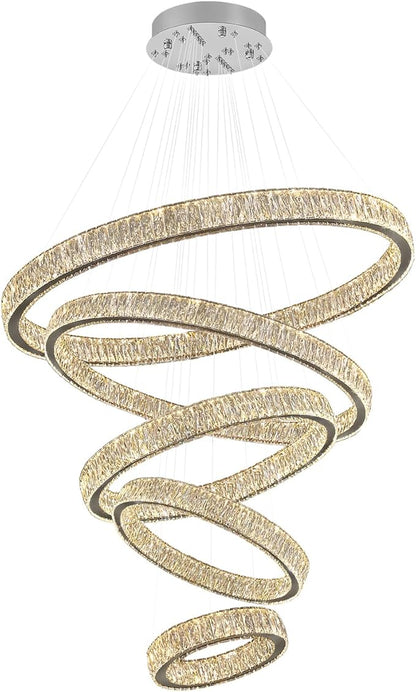 Extra Large 5 Ring Crystal Chandelier High Ceiling Chandeliers for Foyer,Modern Luxury Crystal Ring Chandelier Dimmable Led Ceiling Lighting for Staircase Villa D8''+15.7"+23.6"+31.5"+39.4"