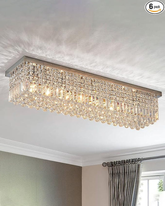 7PM Rectangular Chandelier, Modern Dining Room Light Fixture with Luxury K9 Raindrop Chandelier Crystals, 6 Lights Flush Mount Rectangle Chandelier for Kitchen, Living Room, L31.5'' x W10'' x H10''