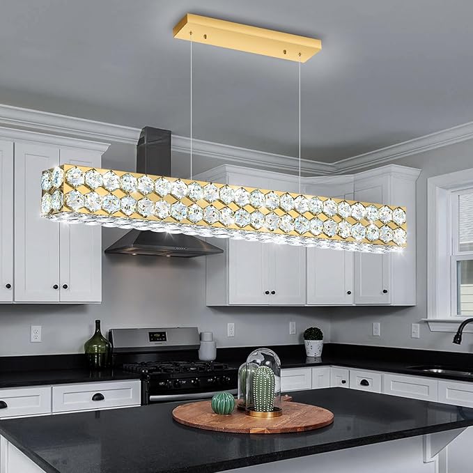 40'' Modern Crystal Chandelier for Dining Room Ceiling Light Fixture for Living Room Hallway Lighting LED Dimmable with Remote Gold
