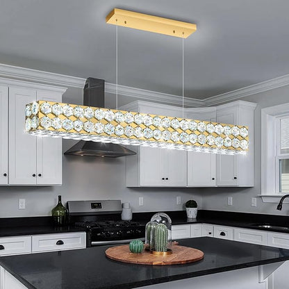 40'' Modern Crystal Chandelier for Dining Room Ceiling Light Fixture for Living Room Hallway Lighting LED Dimmable with Remote Gold