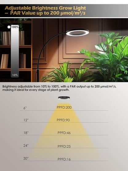 GLOWRIUM Grow Lights for Indoor Plants, Full Spectrum LED Grow Light, Stepless Dimming,3 Lighting Mode and Adjustable Height, Plant Light with 3/9/12/16H Timer (Black, Single Head)
