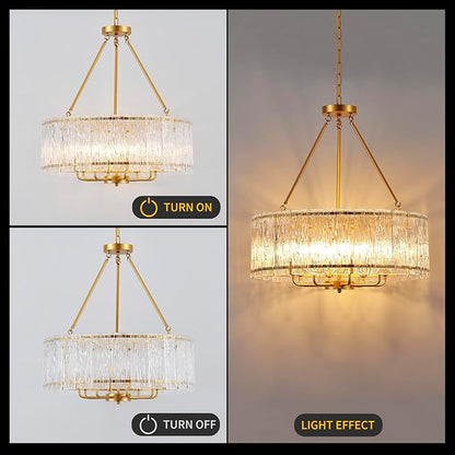 24" Modern Gold Crystal Chandelier Luxury 8-Light Round Drum Glass Chandelier Elegant Large Ceiling Light Fixture for Living Room, Dining Room, Bedroom, Foyer