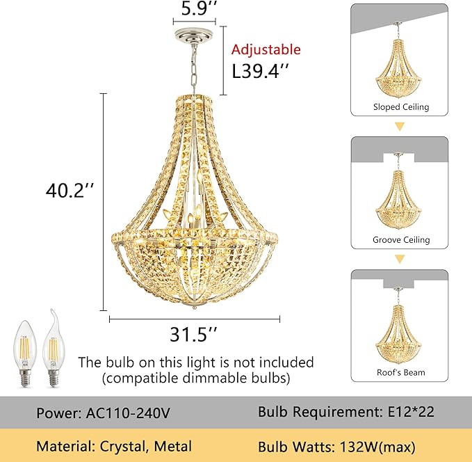 Luxury Large Empire Chandelier High Ceiling Crystal Chandeliers for Foyer Gold Light Fixture for Staircase Living Room E12 Bulbs Required