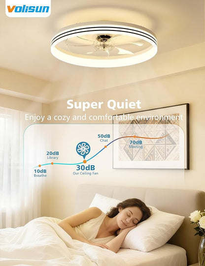 VOLISUN Low Profile Ceiling Fans with Lights and Remote, 23.6in Flush Mount Ceiling Fan with Light, 3000K-6500K Dimmable Fandelier LED Fan Light, White Bladeless Ceiling Fans with Lights for Bedroom