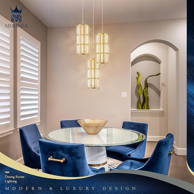 Gold Crystal Pendant Light for Kitchen Island, Modern Mini Hanging Chandelier with K9 Prism Crystals, Luxury Brass Pendant Lighting Fixture for Dining Room, Bedroom, Bathroom, Bar
