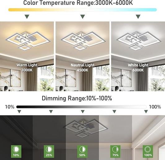 Modern Chrome Led Ceiling Light 3-Square Design 3000K-6500K Dimmable LED Ceiling Light with Remote 33W Acrylic Ceiling Lighting Fixture for Bedroom Kitchen Dining Room Office Lamps