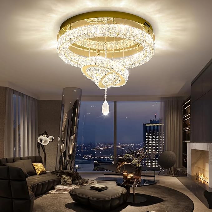 Flashing God Modern Crystal Chandelier Bedroom Chandeliers Flush Mount Ceiling Chandelier Light Fixture for Dining Room Entrance LED Dimmable Gold Ring Chandeliers