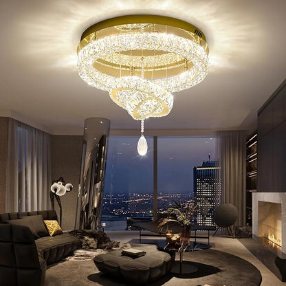 Flashing God Modern Crystal Chandelier Bedroom Chandeliers Flush Mount Ceiling Chandelier Light Fixture for Dining Room Entrance LED Dimmable Gold Ring Chandeliers