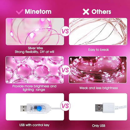 Minetom Curtain Lights, 300 LED Dimmable Fairy Lights with Remote and Timer, 8 Modes, USB Powered String Lights for Room Wall Party Xmas Indoor Decor, Pink