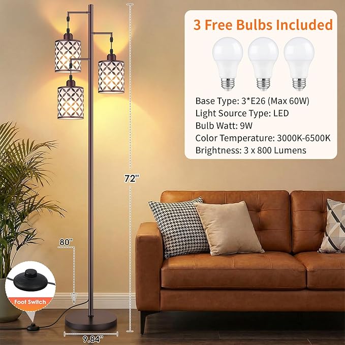 Dimmable Floor Lamp, Farmhouse Standing Lamp with Elegant Metal Cage, Industrial Tall Tree Floor Lamps for Living Room, Bedroom, Study Room, Office, 3 x 800LM LED Bulbs Included, 72", Brown