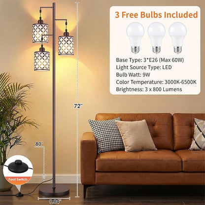 Dimmable Floor Lamp, Farmhouse Standing Lamp with Elegant Metal Cage, Industrial Tall Tree Floor Lamps for Living Room, Bedroom, Study Room, Office, 3 x 800LM LED Bulbs Included, 72", Brown