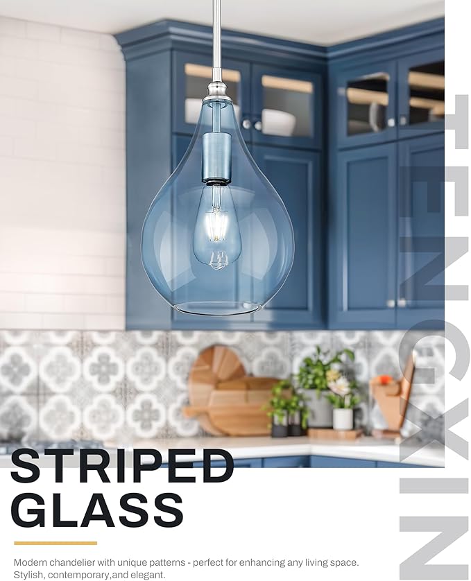 TENGXIN 8 Inch Hanging Pendant Light, Kitchen Island Pendant, Blue Glass, Farmhouse Style, Dining Room, Bedroom