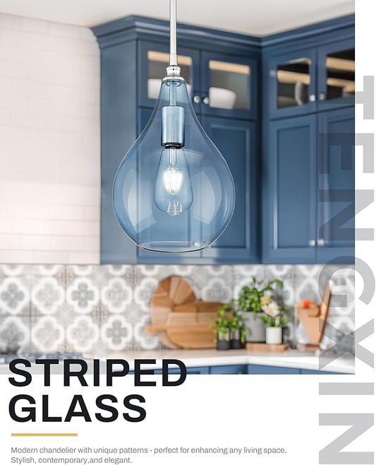 TENGXIN 8 Inch Hanging Pendant Light, Kitchen Island Pendant, Blue Glass, Farmhouse Style, Dining Room, Bedroom