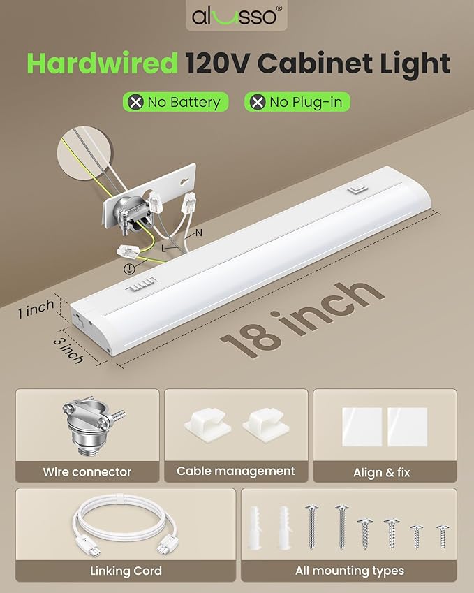 ALUSSO 18 Inch LED Under Cabinet Lighting Hardwired 120V, 5CCT Color Selectable 2700K-5000K Dimmable 10W 800LM High Brightness, CRI 90+ Strip Linkable Under Counter Lights for Kitchen Sink, 2 Pack
