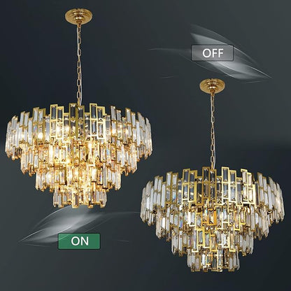 W31.5 Modern Crystal Chandelier Gold Round Chandelier for Living Room 4-Tier Large Chandeliers for High Ceiling Foyer Entryway Light Fixture Hanging Contemporary Lighting 19-Light