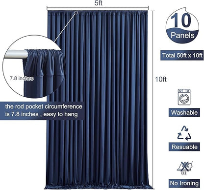 10 Panels Navy Blue Backdrop Curtain for Parties Wedding Wrinkle Free 50ft x 10ft Backdrop Drapes Panels for Baby Shower Gender Reveal Birthday Photo Photography Polyester Fabric Background Decoration