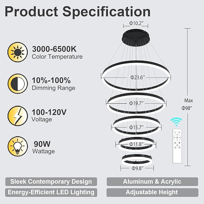 5 Rings Modern LED Chandelier for Foyer, Black High Ceiling Chandeliers Dimmable Pendant Lighting with Remote Control for Dining Room Living Room Staircase(3000K-6500K D23.6)