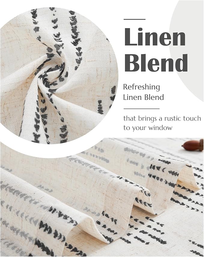 jinchan Boho Kitchen Curtains Linen Cafe Tier Curtains 45 Inch Bohemian Geometric Striped Mudcloth Small Window Drapes for Living Room Bathroom Cabinet Light Filtering Back Tab 2 Panels Black on Flax