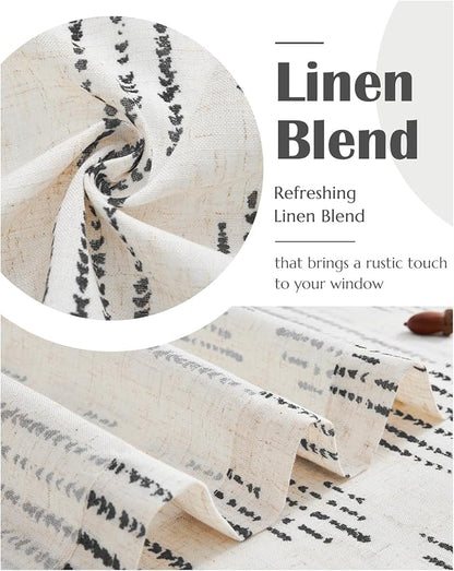 jinchan Boho Kitchen Curtains Linen Cafe Tier Curtains 24 Inch Bohemian Geometric Striped Mudcloth Small Window Drapes for Living Room Bathroom Cabinet Light Filtering Back Tab 2 Panels Black on Flax
