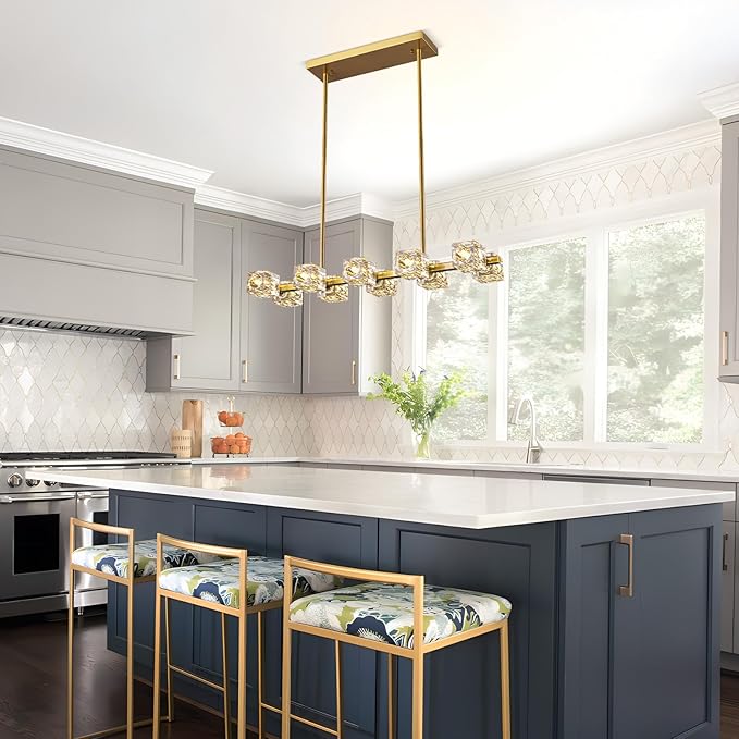 Modern Crystal Chandelier for Dining Room,Gold Pendant Lights Fixture with 10-Lights,Adjustable Height Hanging Ceiling Light for Kitchen Island,Bedroom,Over Table,Living Room
