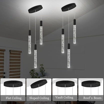 Modern Crystal Chandelier 3-Lights, Spiral LED Raindrop Kitchen Island Pendant Lighting, Bubble Foyer Dinimg Room Hanging Light Fixture Remote Control Black