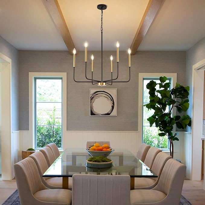 Modern Black and Gold Chandelier for Dining Room,Metal 6-Light Kitchen Light Fixtures,Farmhouse Candle Hanging Pendant Lights for Living Room Entryway Foyer Bedroom (Bulb Not Included)