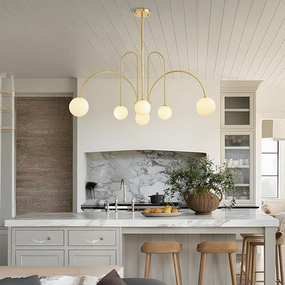 Modern Gold Sputnik Chandelier 6-Light Mid Century Chandelier for Dining Room with Milky Glass Globe Brushed Brass Ceiling Pendent Light Fixture for Living Room Kitchen Island Foyer Bedroom