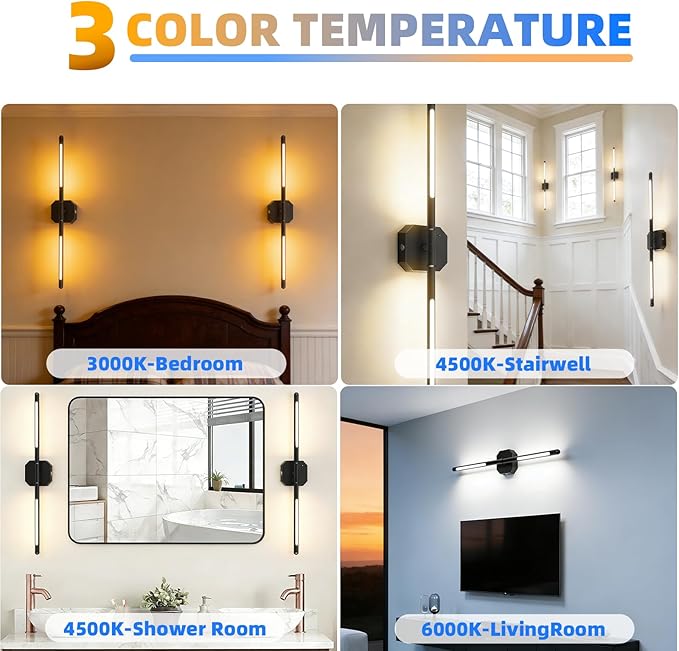 Rechargeable Wall Sconce Set of 2, 35Hrs+ Battery Operated Wall Lights, Wireless Wall Sconce with Remote, 360° Rotatable, Dimmable 3 Color LED Cordless Wall Sconce for Bedroom, Living Room, 23inBlack