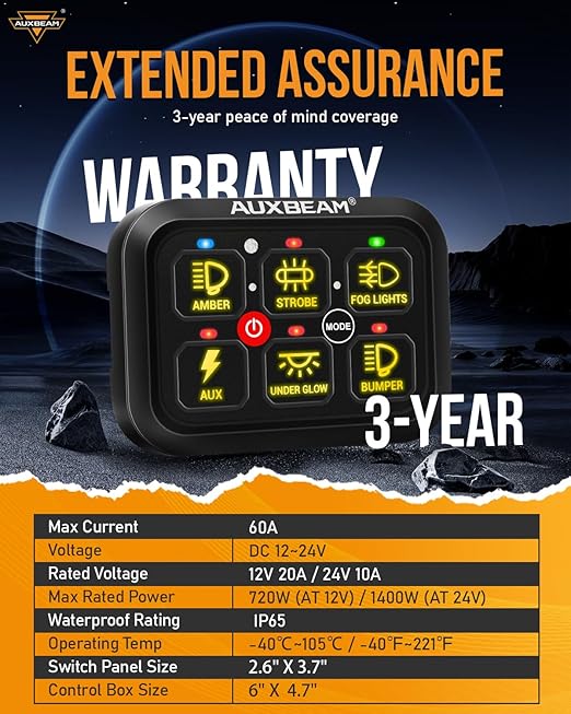 Auxbeam RGB 6 Gang Switch Panel RA60 Auto-Dimmable Switch Panel w/Momentary Toggle Pulsed Memory Function, 12-24V Switch Panel for Truck UTV Car Boat Waterproof, 3-Year Warranty