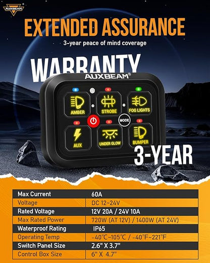 Auxbeam RGB 6 Gang Switch Panel RA60 Auto-Dimmable Switch Panel w/Momentary Toggle Pulsed Memory Function, 12-24V Switch Panel for Truck UTV Car Boat Waterproof, 3-Year Warranty