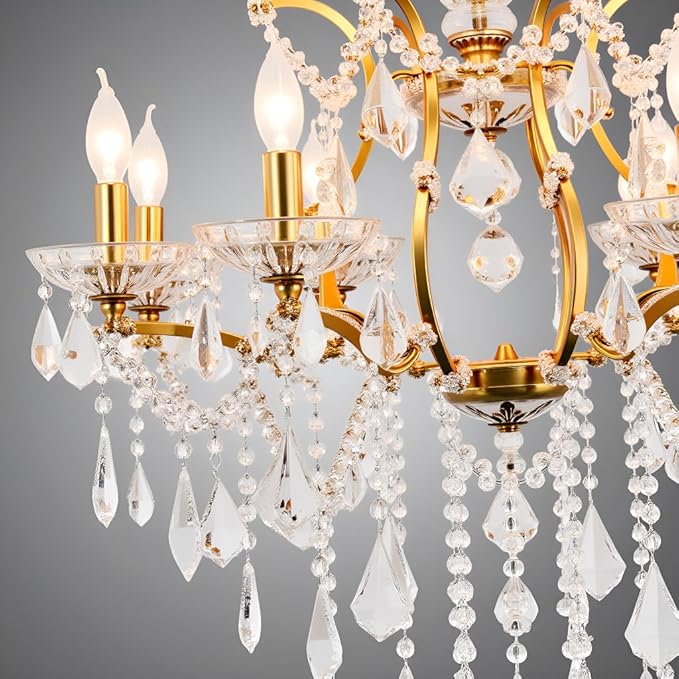 8-Light Crystal Chandelier Gold Finish Modern Luxury Antique Flush Mount Chandelier with Crystal Drops Prisms Beads, Elegant Dining Room Living Room Entryway Foyer Ceiling Light Fixture