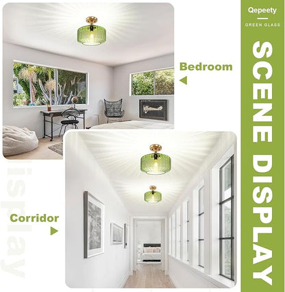 Green Semi Flush Mount Ceiling Light Set of 2 Mid Century Modern Ceiling Light Fixture Vintage Gold Chandelier Farmhouse Close to Ceiling Light Fixtures for Living Room, Bedroom, Entryway