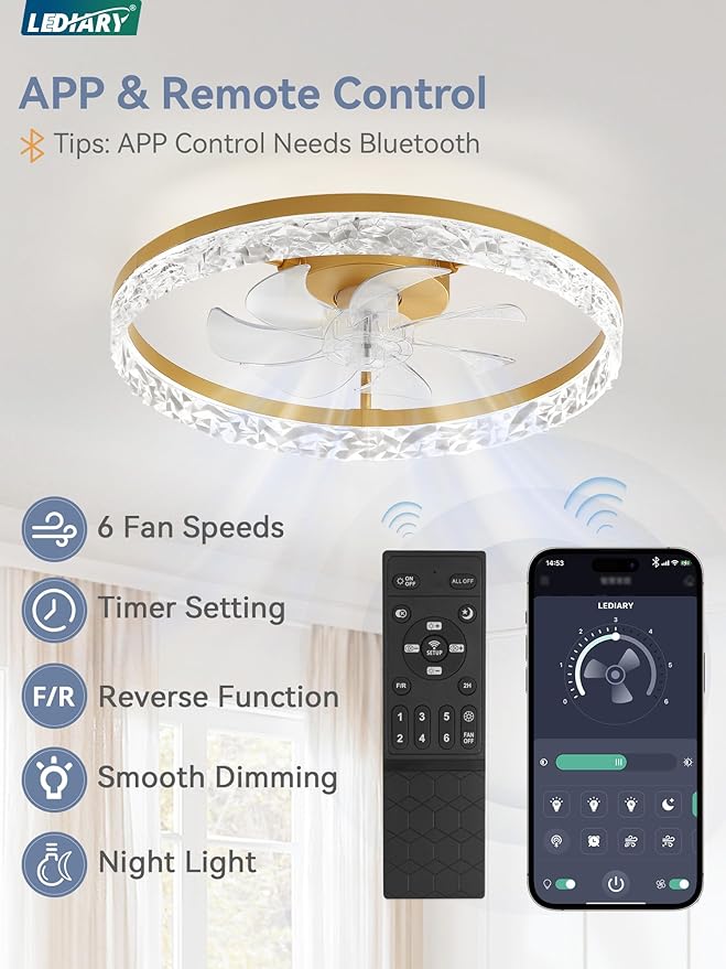 LEDIARY 20" Modern Ceiling Fans with Lights and Remote, Dimmable Low Profile Ceiling Fan, Flush Mount Fan, Stepless Color Temperature Change and 6 Speeds - Gold