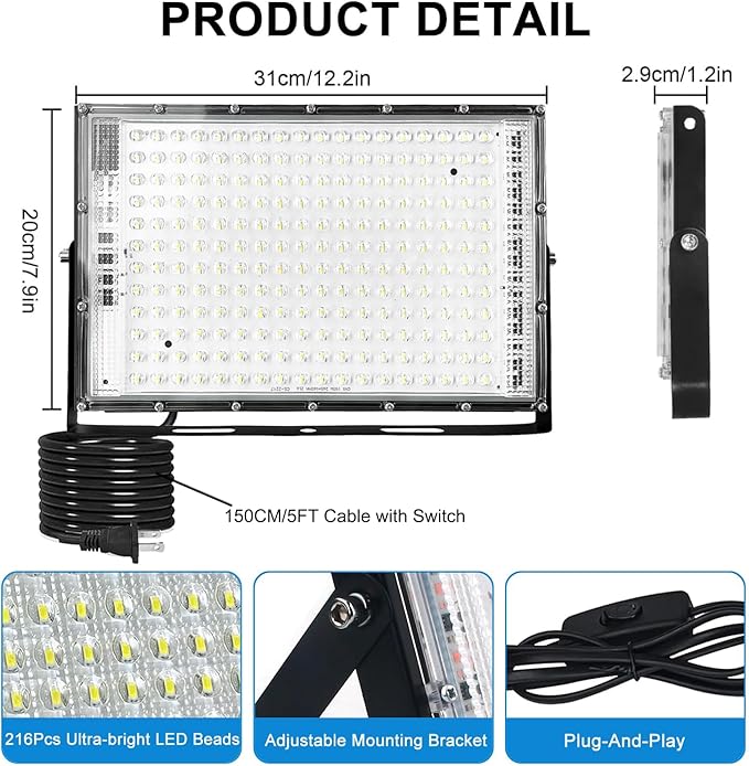 LED Flood Lights Outdoor, 2 Pack 150W 15000LM Bright Exterior Floodlight, IP65 Waterproof LED Work Lights, 6500K Daylight White, Plug in Flood Light Outdoor for Yard, Garden, Lawn, Backyard