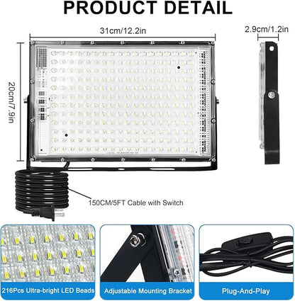 LED Flood Lights Outdoor, 2 Pack 150W 15000LM Bright Exterior Floodlight, IP65 Waterproof LED Work Lights, 6500K Daylight White, Plug in Flood Light Outdoor for Yard, Garden, Lawn, Backyard
