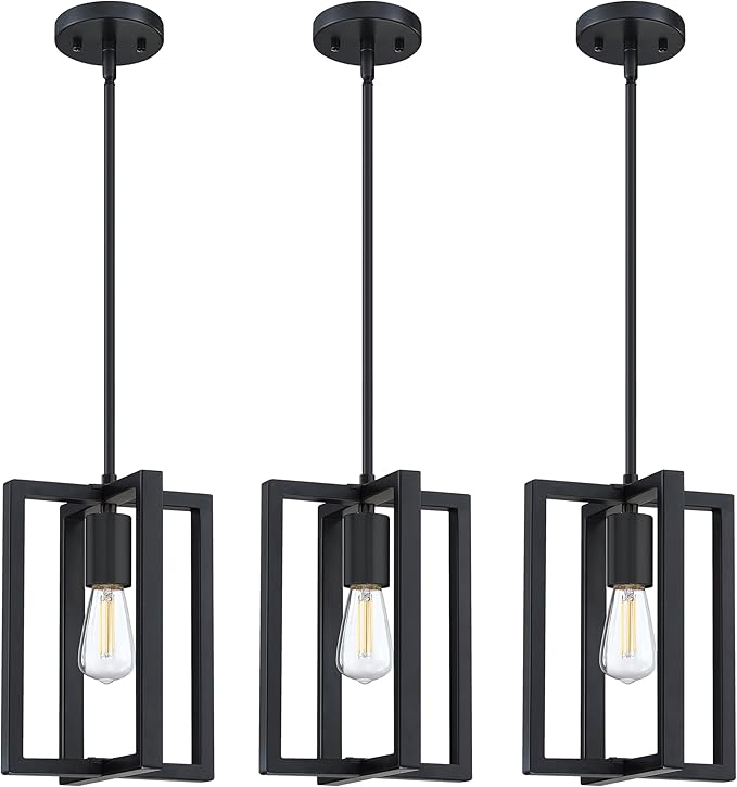 3 Pack 1 Light 7.3" Hanging Farmhouse Indoor Kitchen Island Pendant Light Lantern Cage Black Finish,for Kitchen Island Over Sink Dining Room,Adjustable Length UL Certification