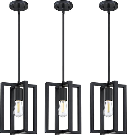 3 Pack 1 Light 7.3" Hanging Farmhouse Indoor Kitchen Island Pendant Light Lantern Cage Black Finish,for Kitchen Island Over Sink Dining Room,Adjustable Length UL Certification