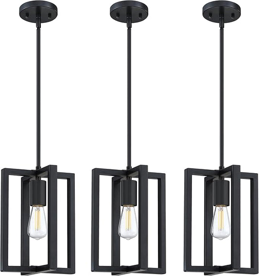 3 Pack 1 Light 7.3" Hanging Farmhouse Indoor Kitchen Island Pendant Light Lantern Cage Black Finish,for Kitchen Island Over Sink Dining Room,Adjustable Length UL Certification