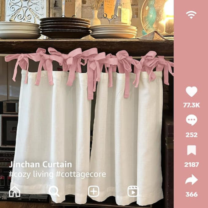 jinchan Linen Tie Top Curtains 24 Inch Length Farmhouse Cafe Curtains Set of 2 for Bedroom Bathroom Rustic Small Windows Light Filtering White Panels with Pink Ties