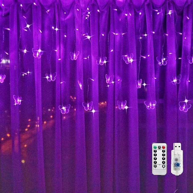 Butterfly Curtain Fairy String Lights, 120LED 8 Modes USB Powered Timer Firefly Twinkle Light with Romote, 14.7FT Copper Wire Hanging Decoration for Room, Wedding, Bedroom, Party, Christmas Decor