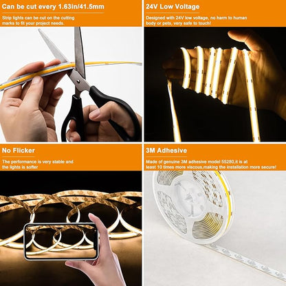 PAUTIX COB LED Strip Light Warm White 2700K 504LEDs/m,CRI90+ 32.8ft/10m Dimmable 24V LED Tape Lights Kit,Work with Alexa/Google Assistant,for Under Cabinet Bedroom Kitchen DIY Lighting