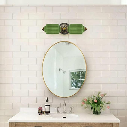Vintage Bathroom Vanity Light - 2-Light Milk Glass Sconce with Antique Brass Finish & Green Shade, Wall Sconce Lighting for Bathroom Mirror, Hallway, Living Room, Bedroom