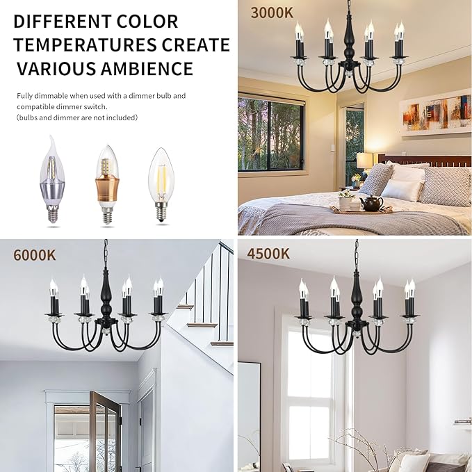 Black Chandelier, 8-Light Farmhouse Candle Chandelier for Living Room, Rustic Industrial Pendant Chandeliers for Dining Room, Vintage Crystal Hanging Light fixture for Hallway Kitchen Foyer E12