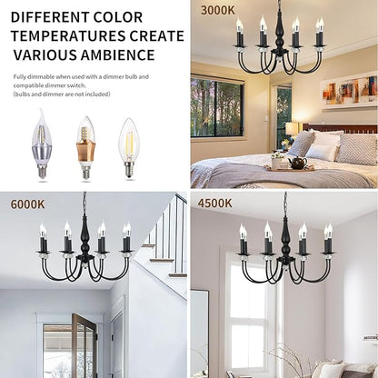 Black Chandelier, 8-Light Farmhouse Candle Chandelier for Living Room, Rustic Industrial Pendant Chandeliers for Dining Room, Vintage Crystal Hanging Light fixture for Hallway Kitchen Foyer E12