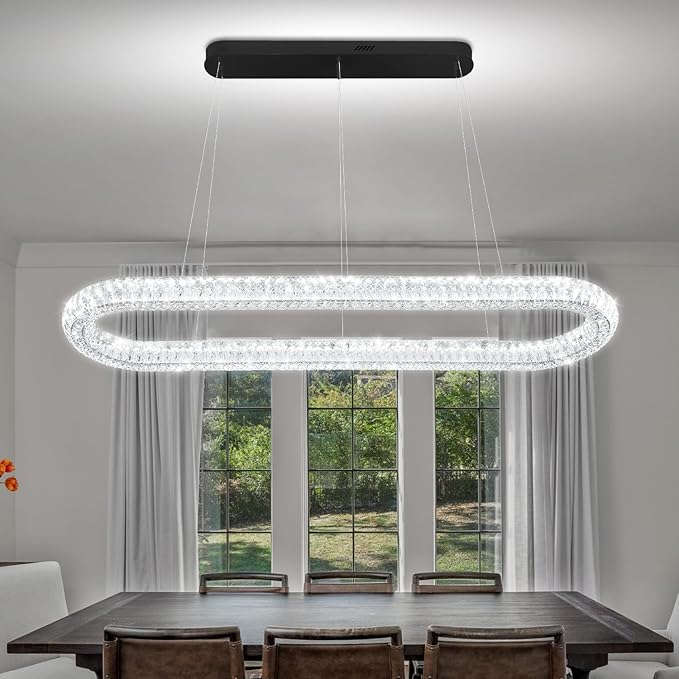Large Led Ring Chandelier for Living Room Modern 55in Black Linear Oval Chandeliers Over Table Crystal Ring Pendant Light for Dining Room Dimmable 3000K-6000K
