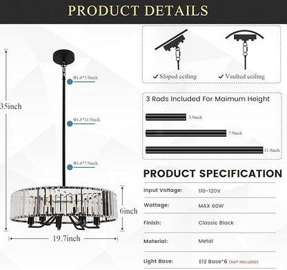 Black Crystal Chandelier for Dining Room, 6-Light Modern Semi Flush Mount Chandelier Lighting Fixtures,Round Kitchen Hanging Drum Pendant Lights Ceiling for Bedroom Entryway Foyer, E12 Base, 19.7Inch