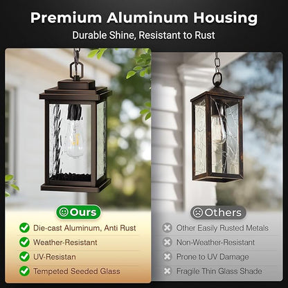 VIANIS Large Outdoor Pendant Light Fixtures with Water Glass, Anti-Rust Waterproof Hanging Light Fixture with Adjustable Wire, Easy-to-Install Outdoor Hanging Lantern for Porch, Garden, Garage