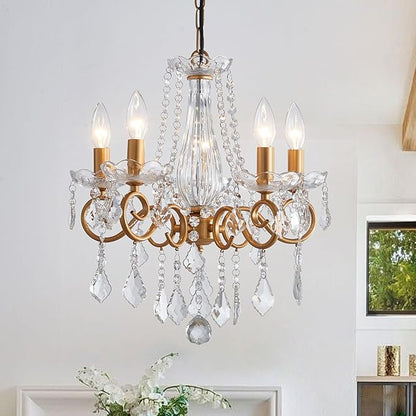 Crystal Chandelier, 5-Light Chandelier for Dining Room Light Fixture, K9 Crystal Pendant Ceiling Light Fixture, Modern Candle Chandelier for Living Room Kitchen Island Entryway Bedroom (Gold)