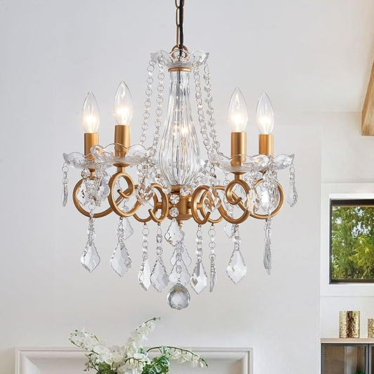 Crystal Chandelier, 5-Light Chandelier for Dining Room Light Fixture, K9 Crystal Pendant Ceiling Light Fixture, Modern Candle Chandelier for Living Room Kitchen Island Entryway Bedroom (Gold)